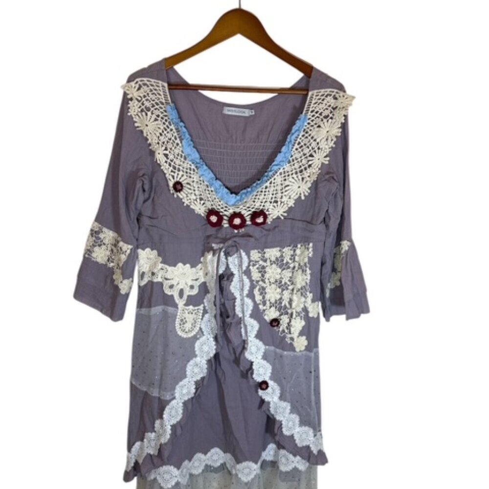 Lace Crochet Boho Fairy Romantic Cottagecore Midi Dress Size Med Elastic Waist